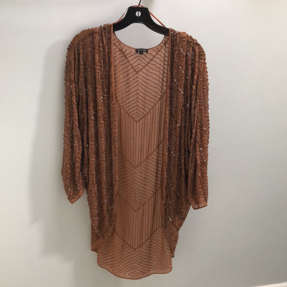 Heavily Beaded Jacket Shrug! Woven! Taupe/Rust! The perfect layering piece! M